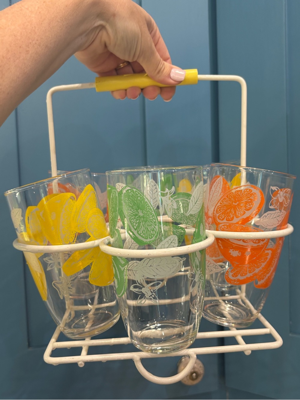 Drink caddy vintage mid century modern fruit citrus highball glass set